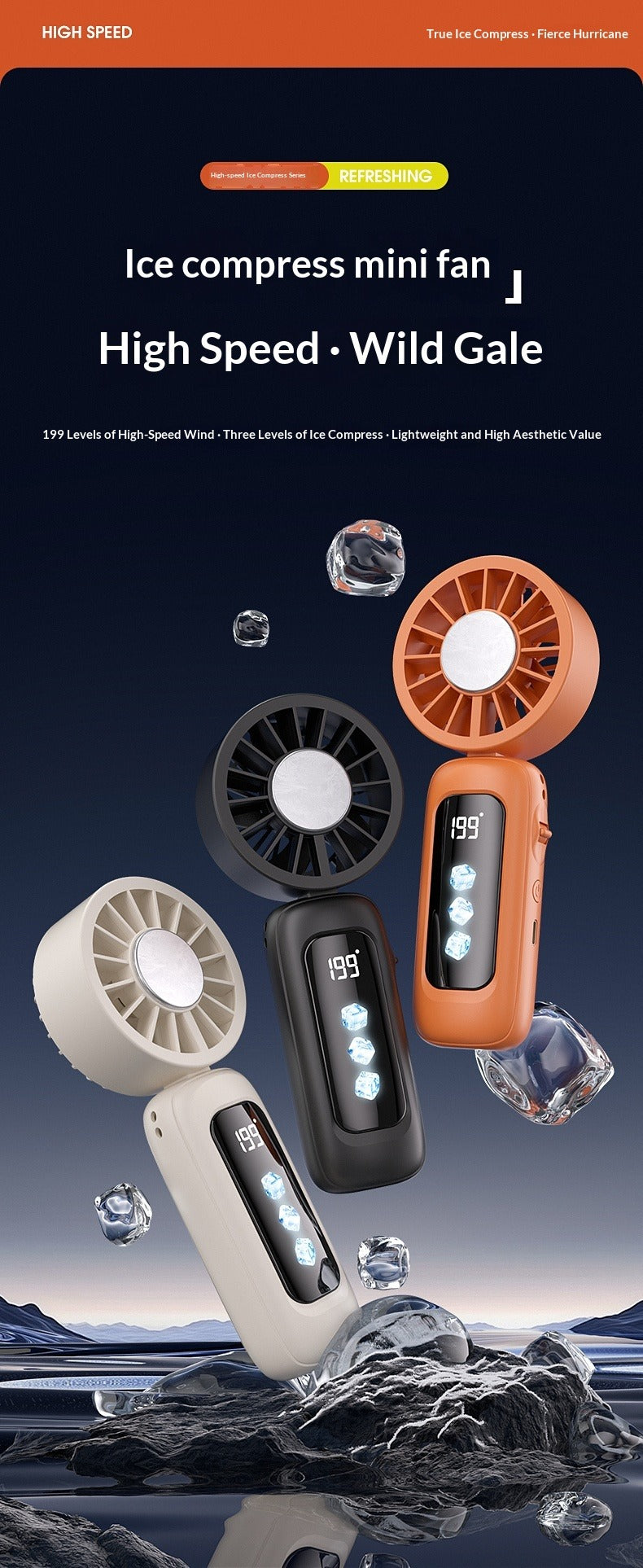 Instant Ice Cooling Handheld Fan, 199-Speed Adjustable, 3-Stage Cold Air, Foldable Neck & Desktop Fan, Ultra-Quiet for Summer Travel & Home Use