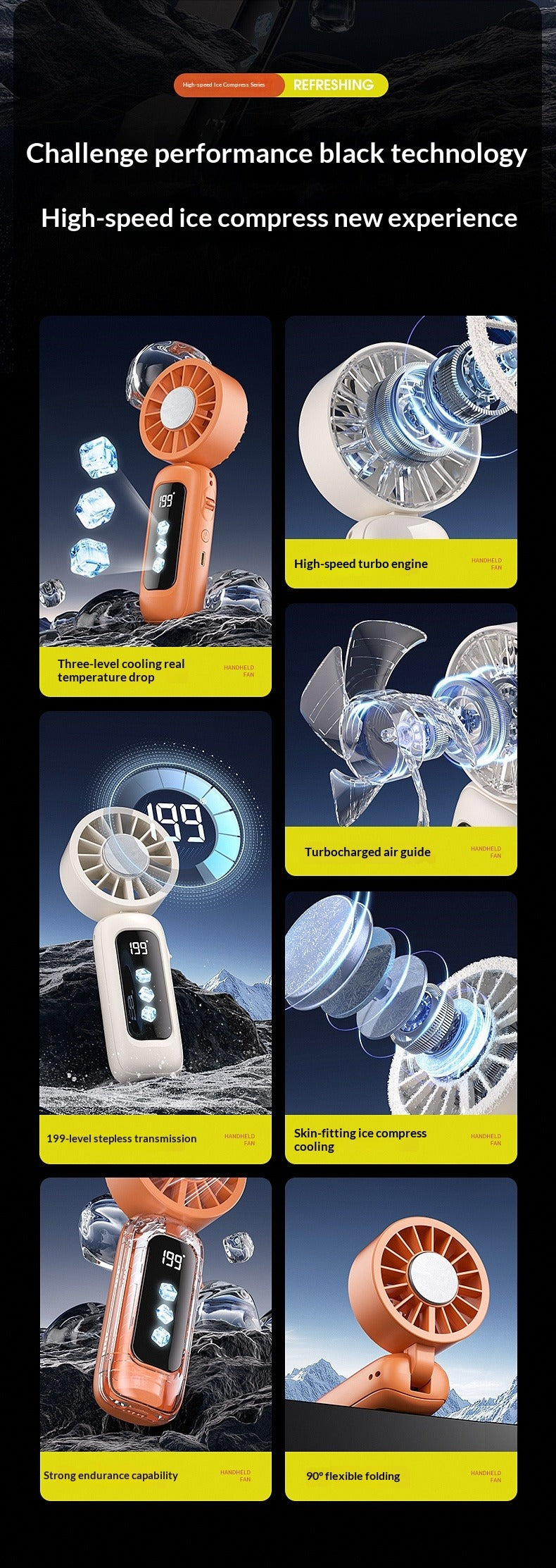 Instant Ice Cooling Handheld Fan, 199-Speed Adjustable, 3-Stage Cold Air, Foldable Neck & Desktop Fan, Ultra-Quiet for Summer Travel & Home Use