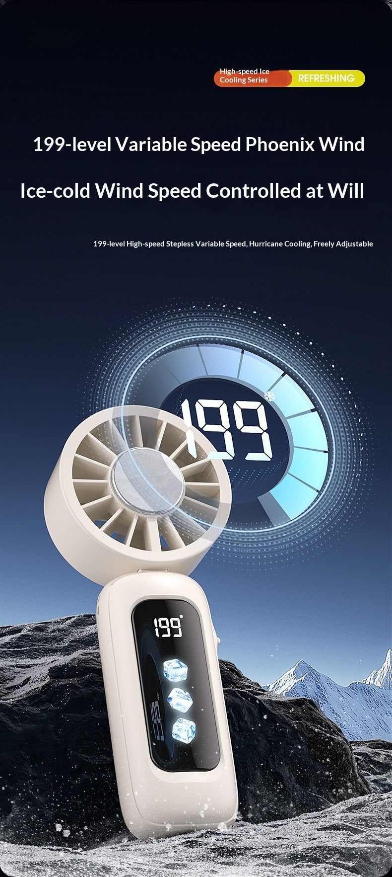 Instant Ice Cooling Handheld Fan, 199-Speed Adjustable, 3-Stage Cold Air, Foldable Neck & Desktop Fan, Ultra-Quiet for Summer Travel & Home Use