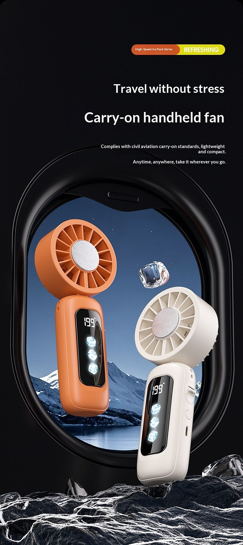 Instant Ice Cooling Handheld Fan, 199-Speed Adjustable, 3-Stage Cold Air, Foldable Neck & Desktop Fan, Ultra-Quiet for Summer Travel & Home Use