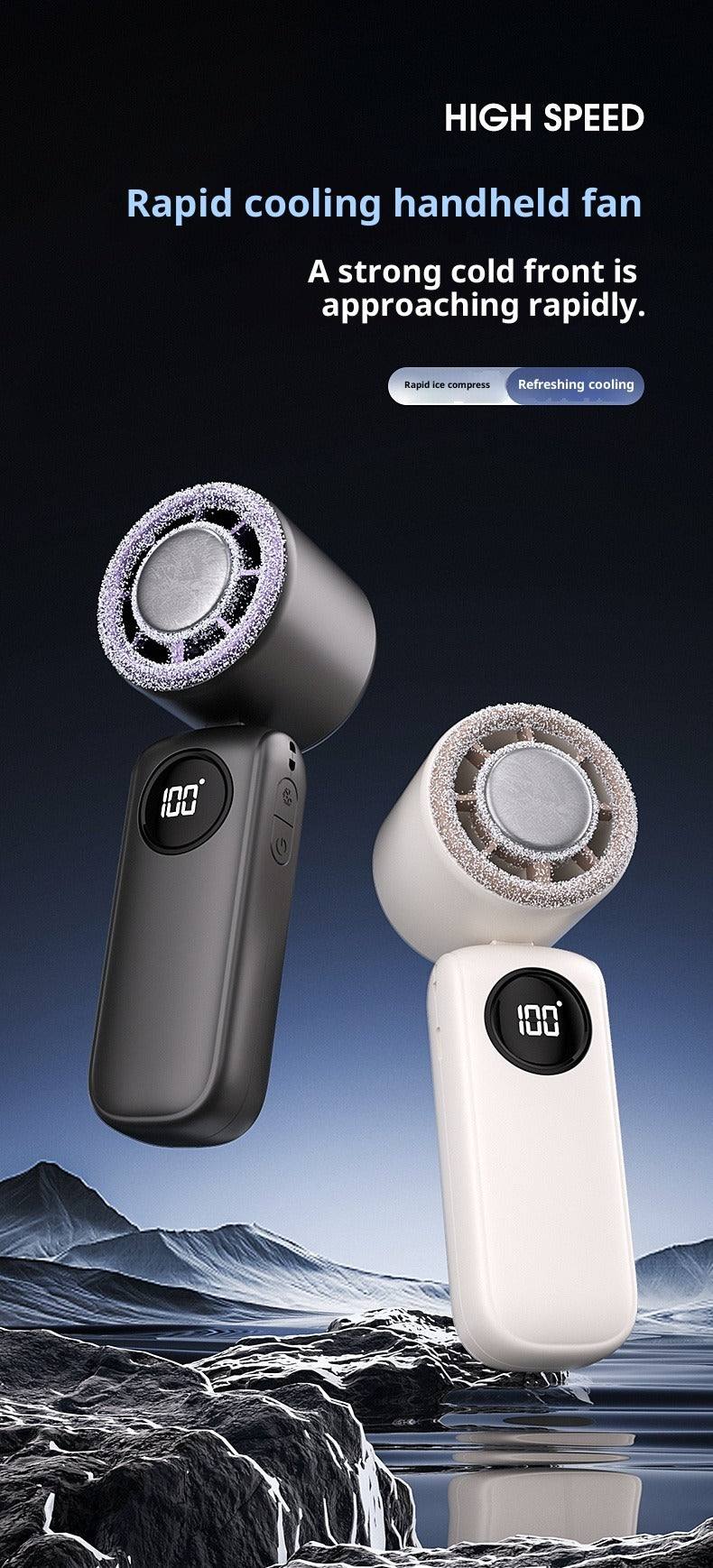 Ice Compress Handheld Fan, 100-Speed Adjustable, 360° Wide-Area Wind, Rechargeable Mini Fan with Phone Holder, Airplane-Allowed for Summer Travel & Home Use