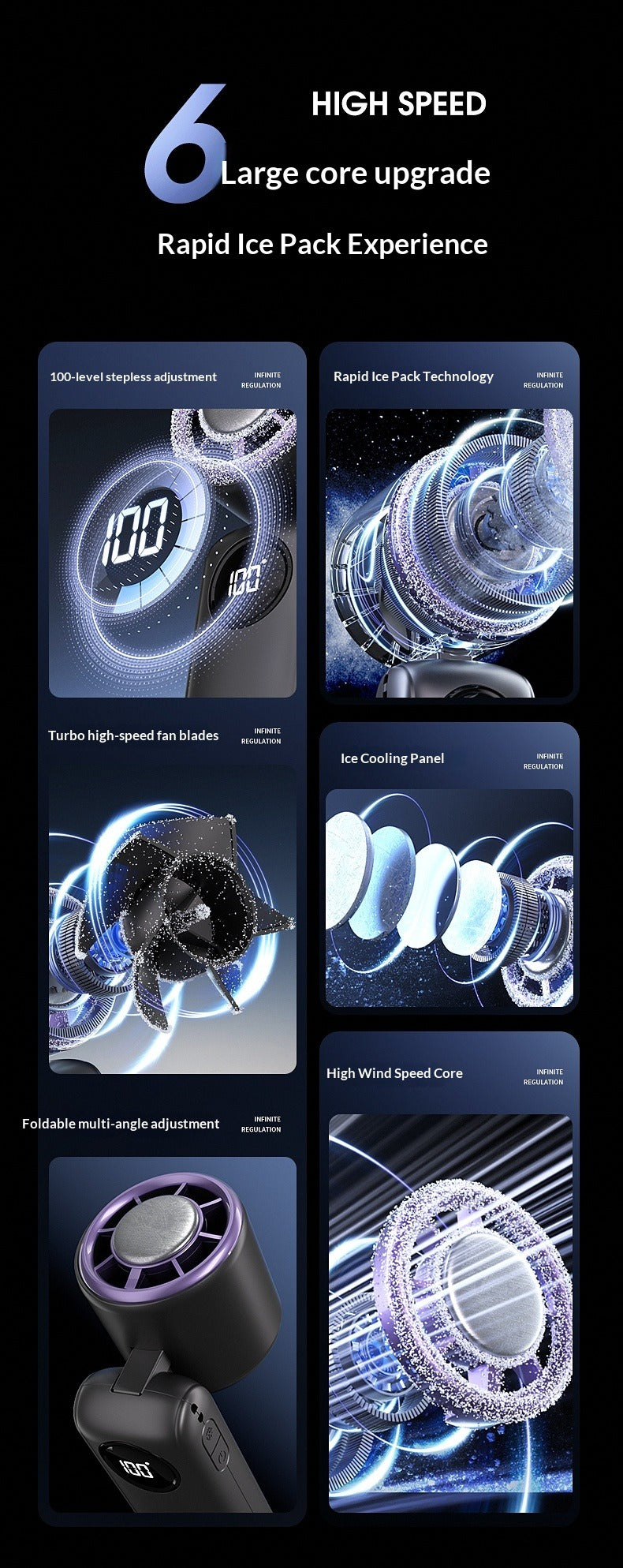 Ice Compress Handheld Fan, 100-Speed Adjustable, 360° Wide-Area Wind, Rechargeable Mini Fan with Phone Holder, Airplane-Allowed for Summer Travel & Home Use