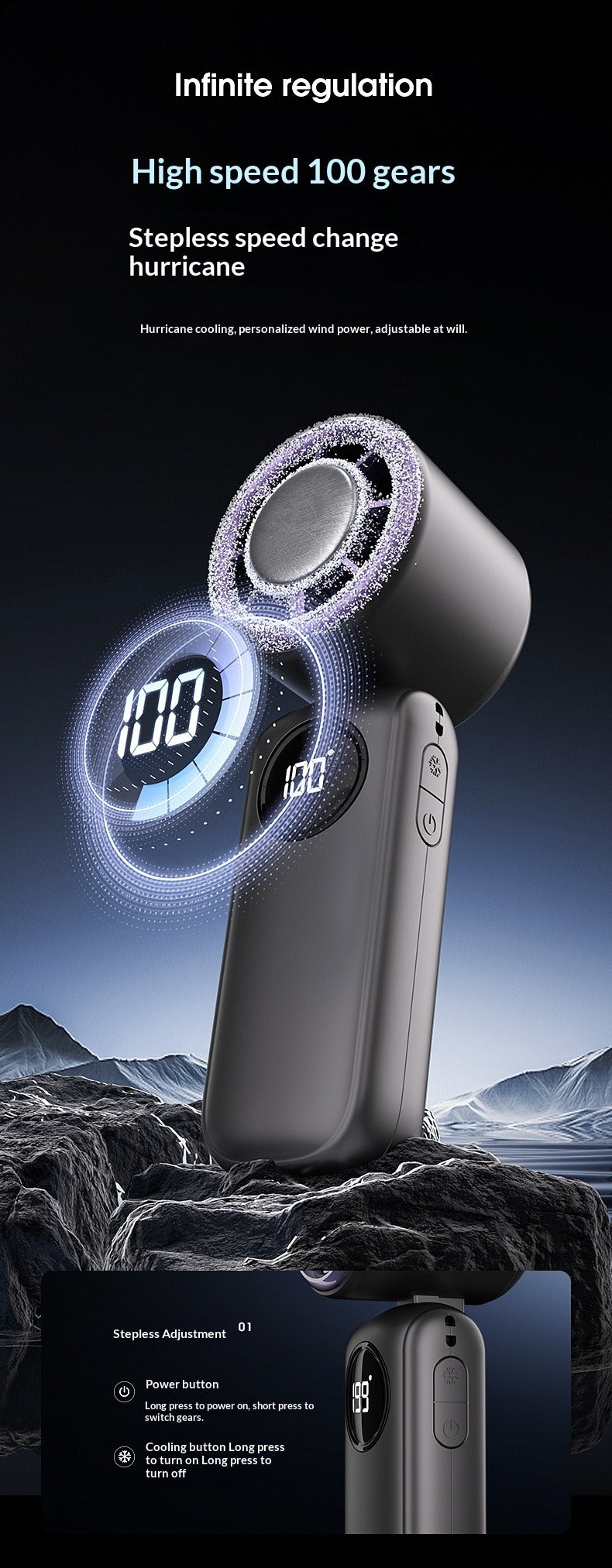 Ice Compress Handheld Fan, 100-Speed Adjustable, 360° Wide-Area Wind, Rechargeable Mini Fan with Phone Holder, Airplane-Allowed for Summer Travel & Home Use