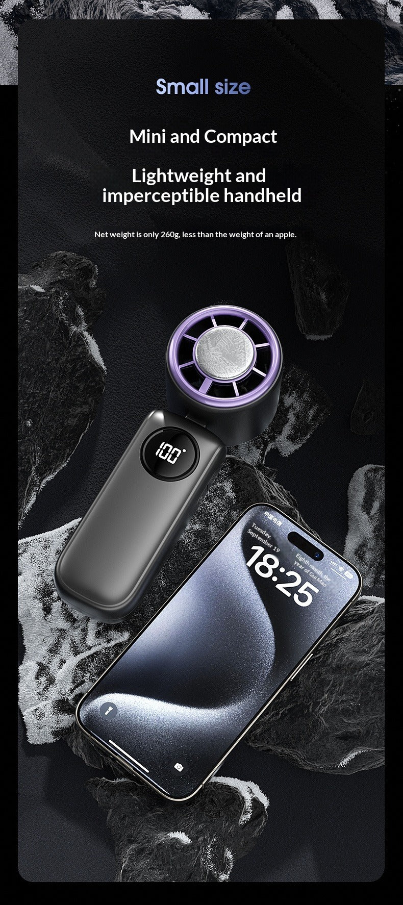 Ice Compress Handheld Fan, 100-Speed Adjustable, 360° Wide-Area Wind, Rechargeable Mini Fan with Phone Holder, Airplane-Allowed for Summer Travel & Home Use