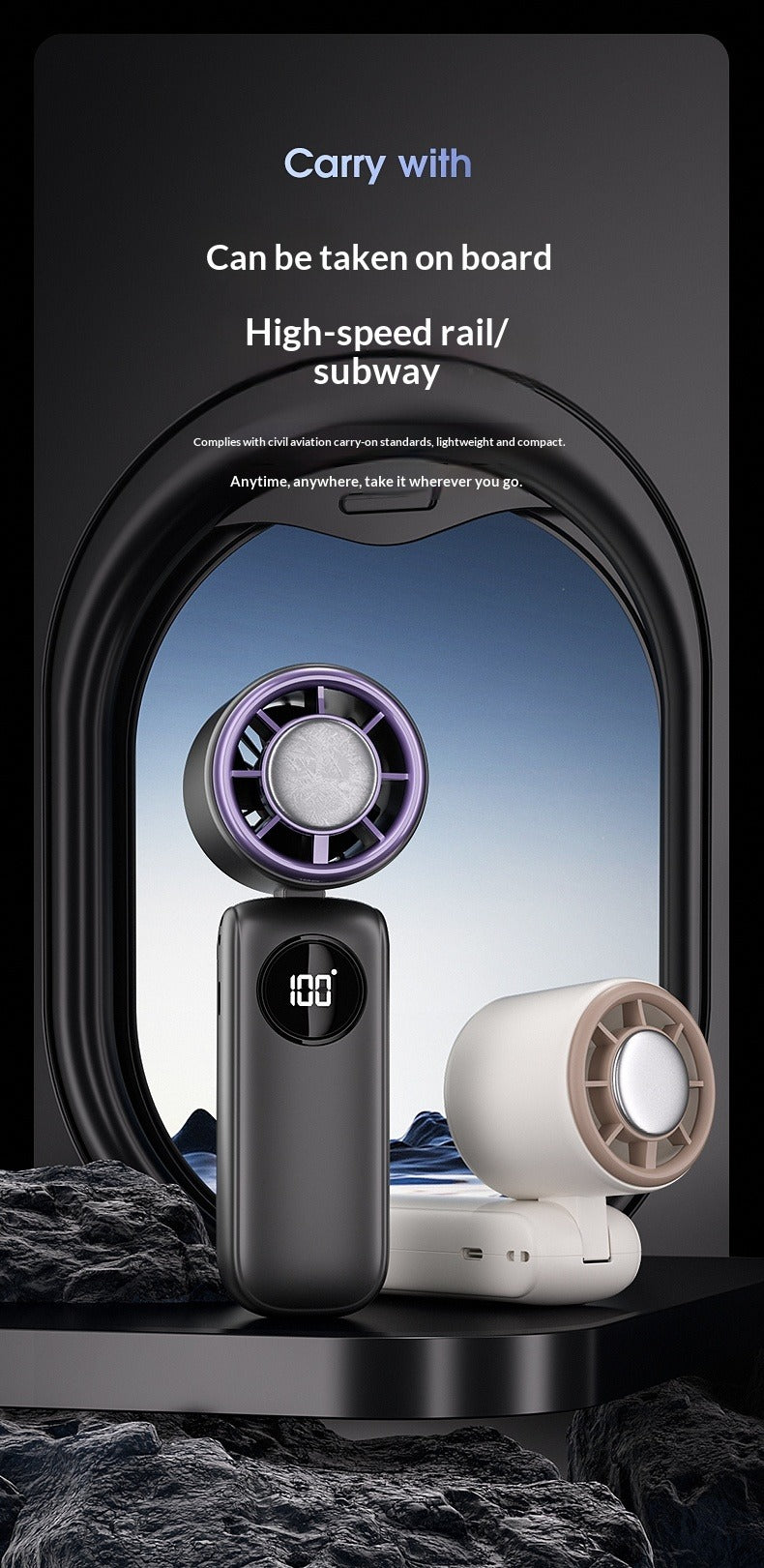 Ice Compress Handheld Fan, 100-Speed Adjustable, 360° Wide-Area Wind, Rechargeable Mini Fan with Phone Holder, Airplane-Allowed for Summer Travel & Home Use