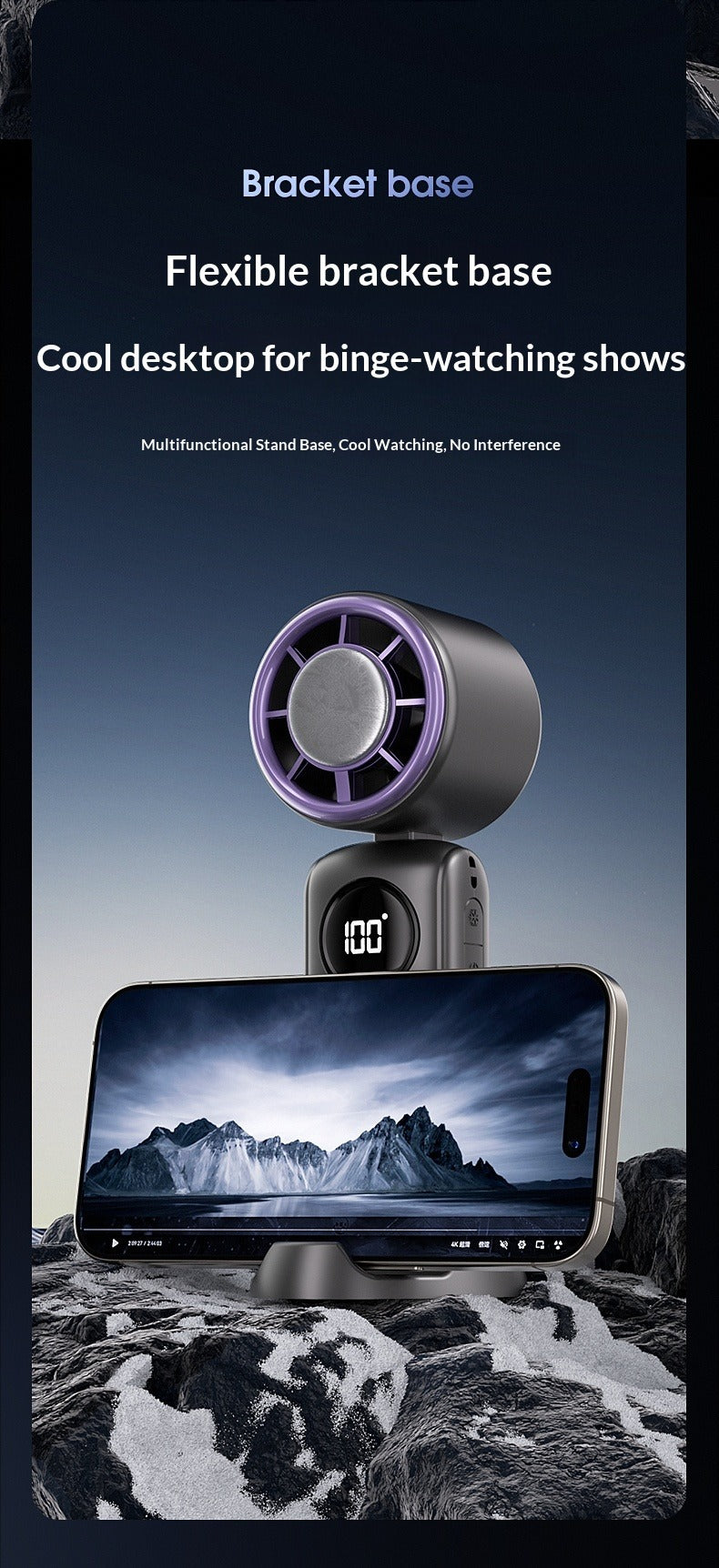 Ice Compress Handheld Fan, 100-Speed Adjustable, 360° Wide-Area Wind, Rechargeable Mini Fan with Phone Holder, Airplane-Allowed for Summer Travel & Home Use