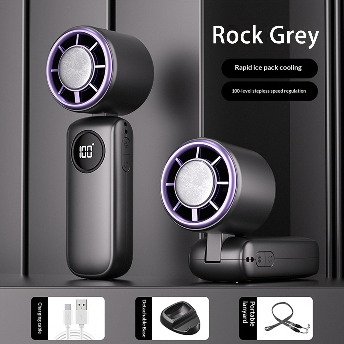 Ice Compress Handheld Fan, 100-Speed Adjustable, 360° Wide-Area Wind, Rechargeable Mini Fan with Phone Holder, Airplane-Allowed for Summer Travel & Home Use